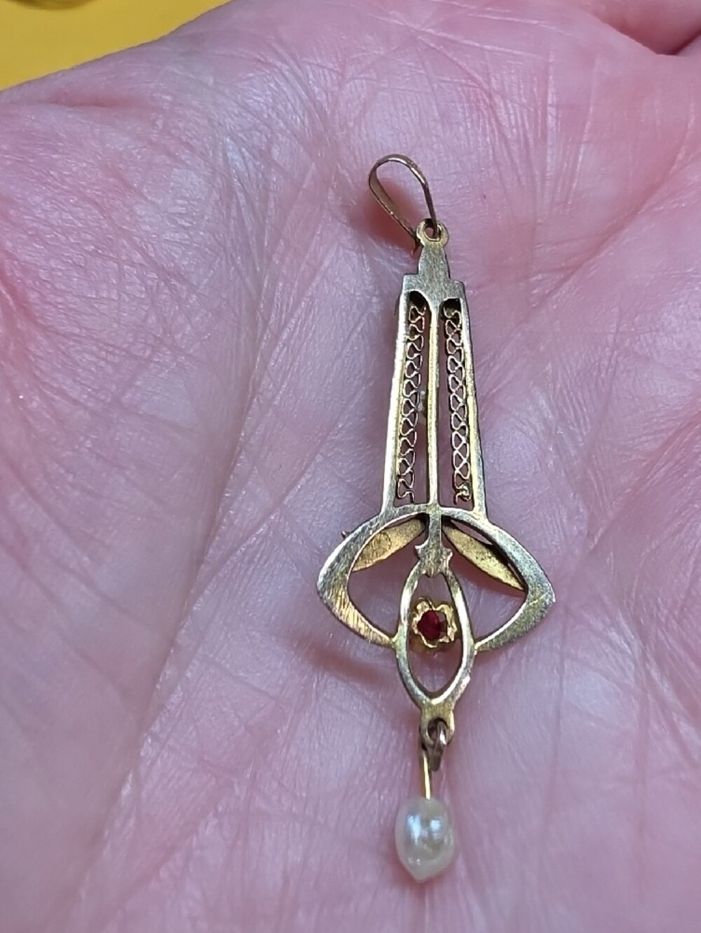 Authentic Edwardian 10K Gold Lavalier Pendant Necklace Drop Ruby Pearl - Picture 4 of 11